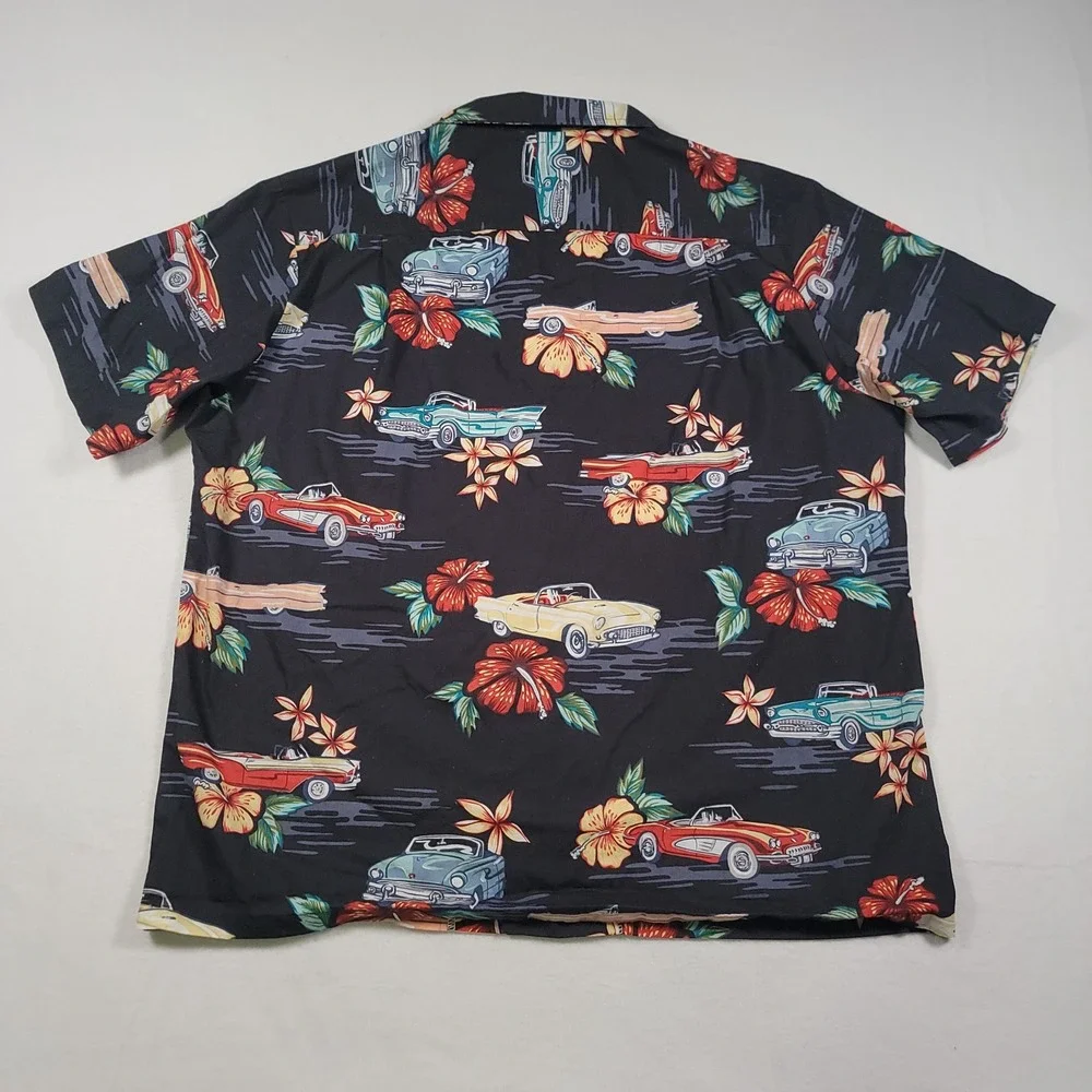 RJC 102C Hawaiian Shirt Mens XL Black Classic Car Hibiscus Cotton Aloha Made USA